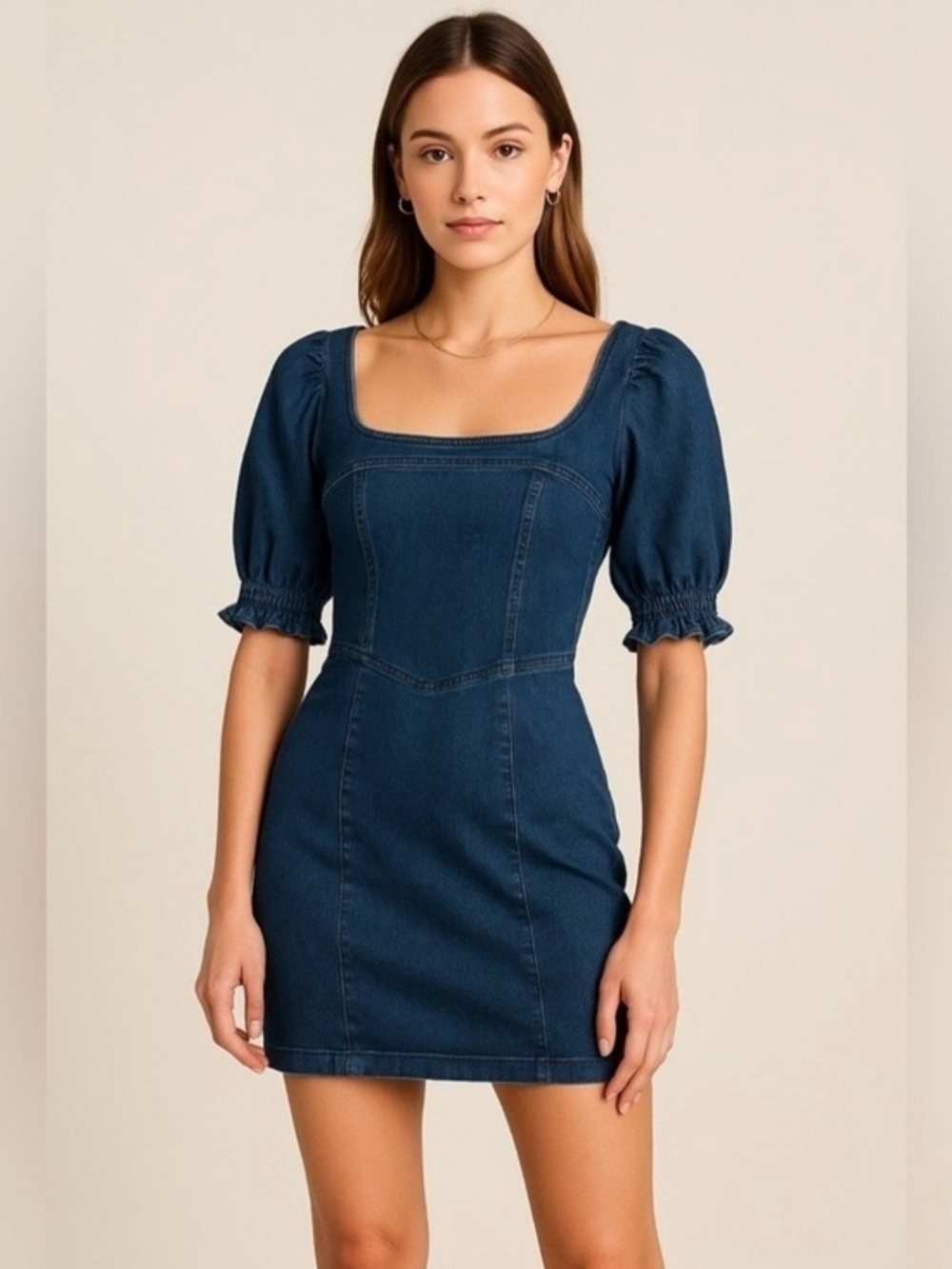 Betsey Johnson Navy Denim Square-Neck Mini Dress with Puff Sleeves Size Small